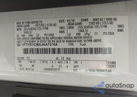 2018 Ford Transit-250 z USA, uszkodzony, nr VIN 1FTYR1CMXJKA72164